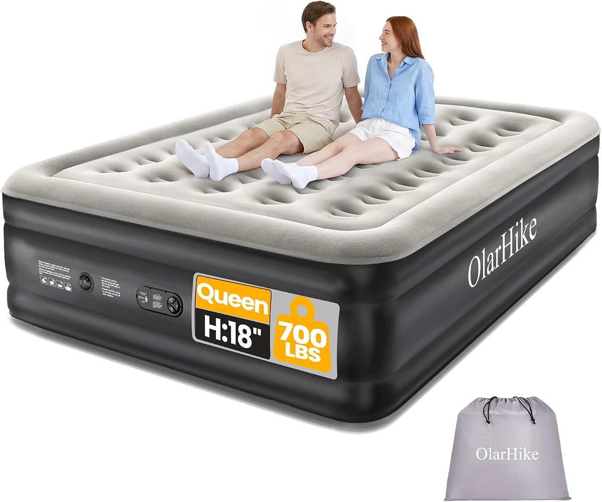 Queen Air Mattress, 18 in, Built-In Pump - Black