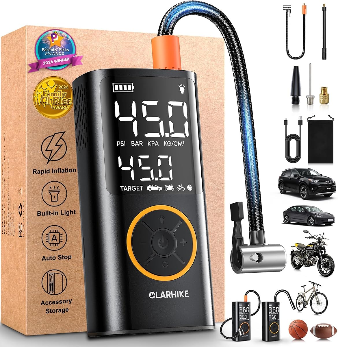 Tire Inflator, 2 x 2000 mAh, Cordless - Orange
