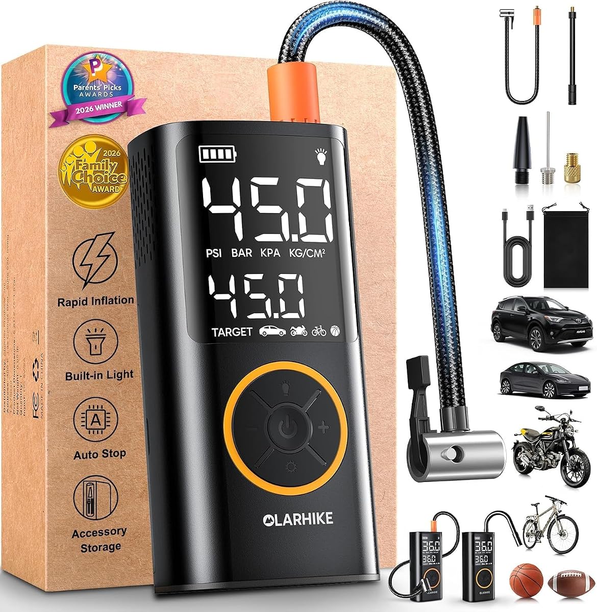 Tire Inflator, 2 x 2500 mAh, Dual Hose - Orange