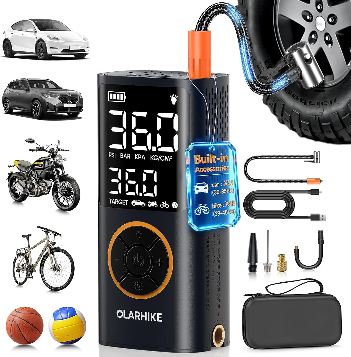 Tire Inflator, 2 x 3000 mAh, with Hard Case - Orange