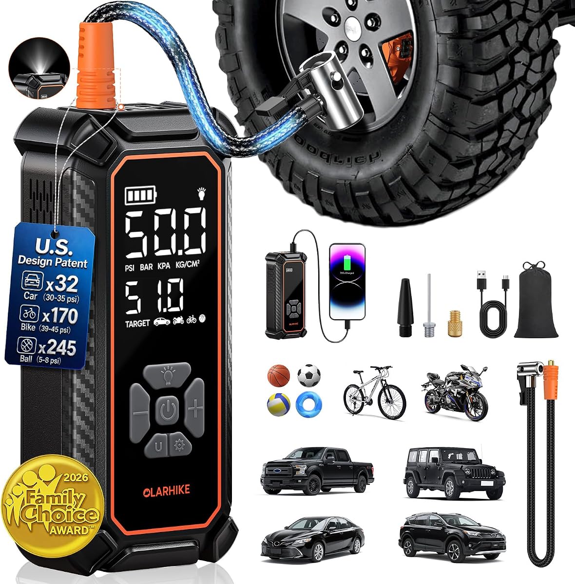 Tire Inflator, 4 x 3000 mAh, 3X Fast Inflation
