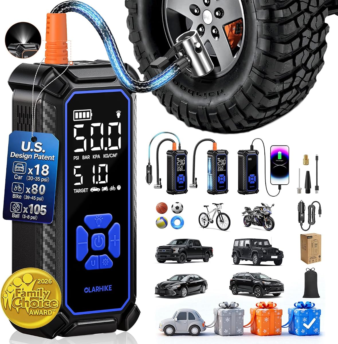 Tire Inflator, 3 x 2000 mAh, Dual Power - Blue