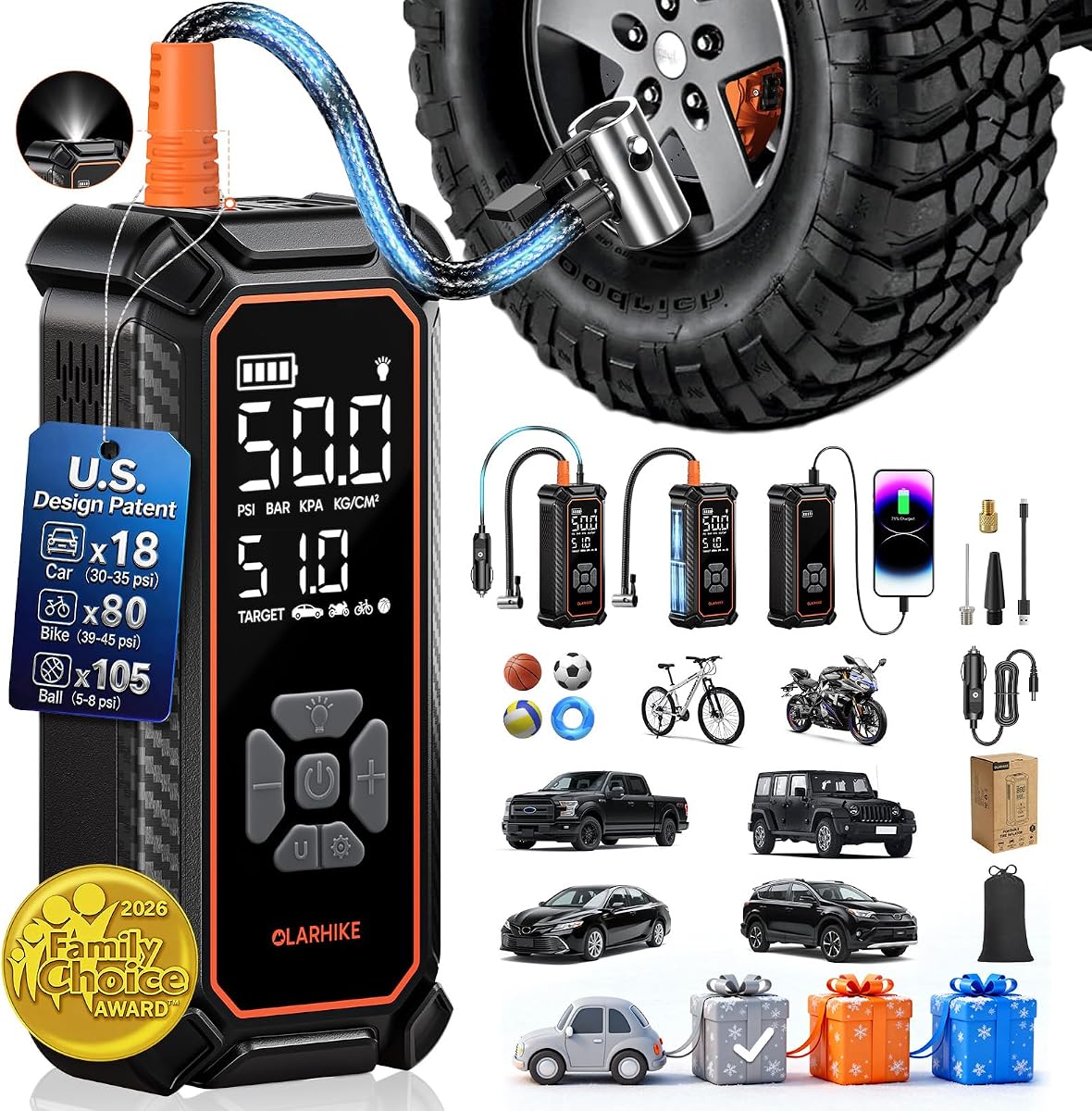 Tire Inflator, 3 x 2000 mAh, Dual Power - Gray