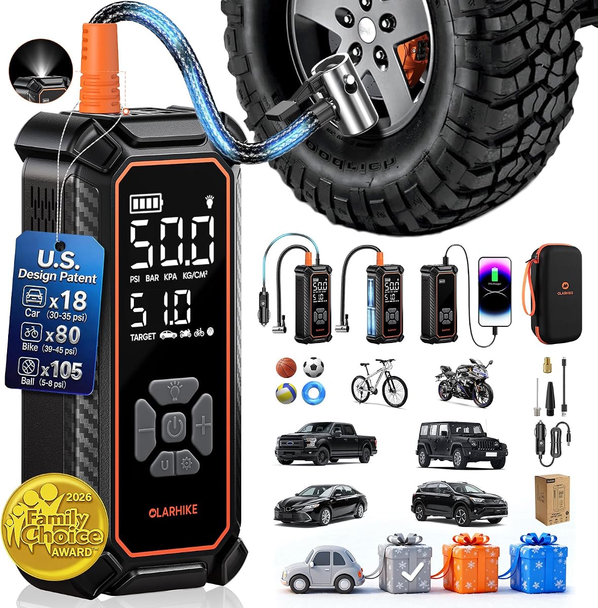 Tire Inflator, 3 x 2000 mAh, with Storage Case