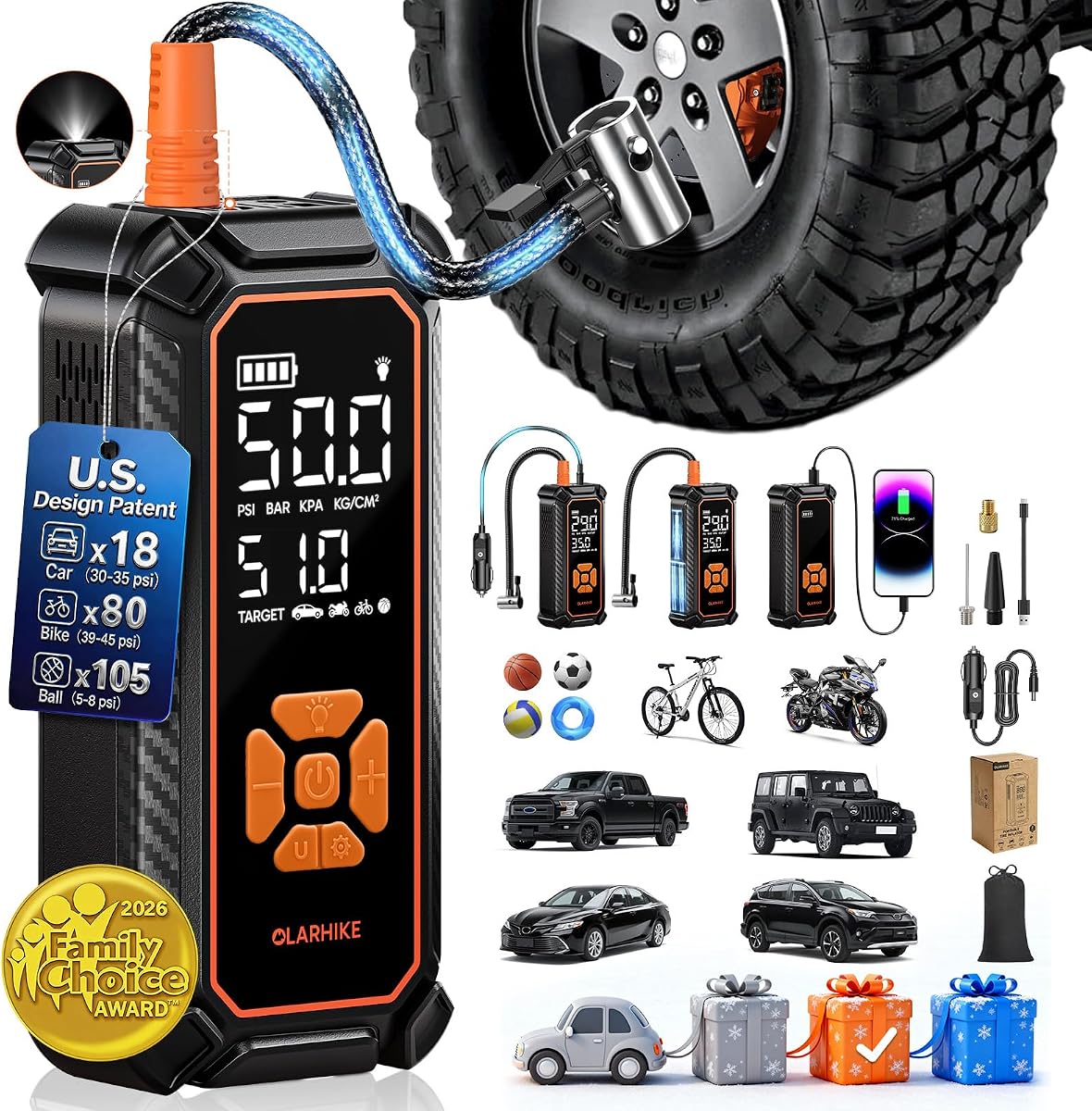 Tire Inflator, 3 x 2000 mAh, Dual Power - Orange